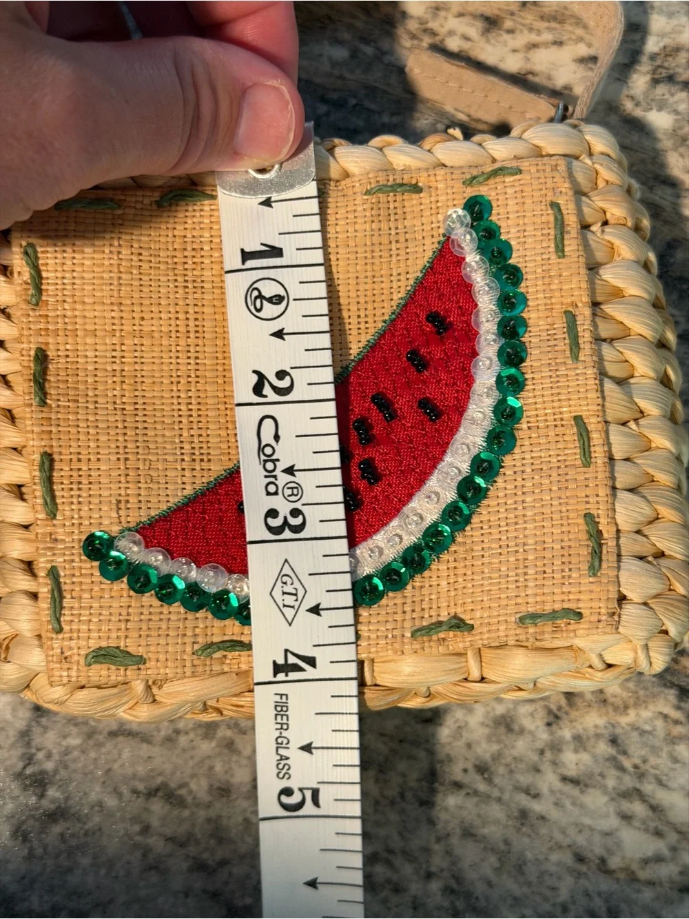 Straw Wristlet with beaded and sequin Watermelon Embroidery - Natural